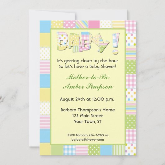 Patchwork Quilt Baby shower Invitation Kaart (Voorkant)