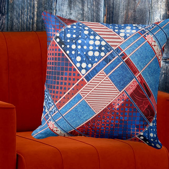 Patchwork Quilt Blue Jeans Pattern Pillow Kussen (Contemporary pillow featuring a modern abstract design with blue jeans and artistic red and white)