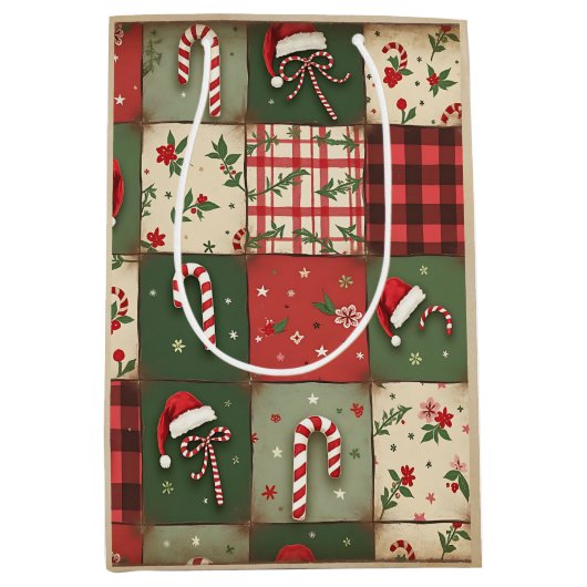  Patchwork Quilt Kerstcadeau Tas Medium Cadeauzakje (Voorkant)