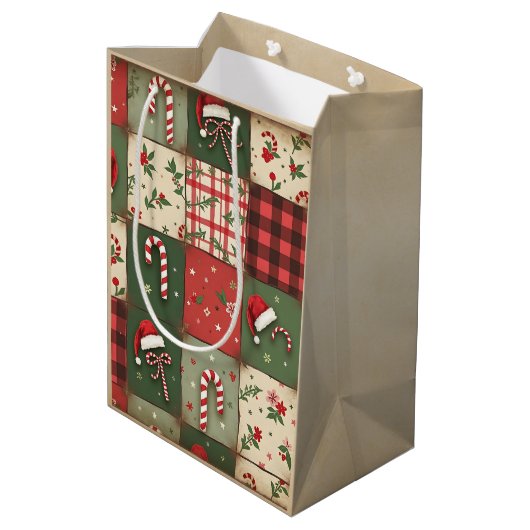 Patchwork Quilt Kerstcadeau Tas Medium Cadeauzakje (Achterkant Gekanteld)