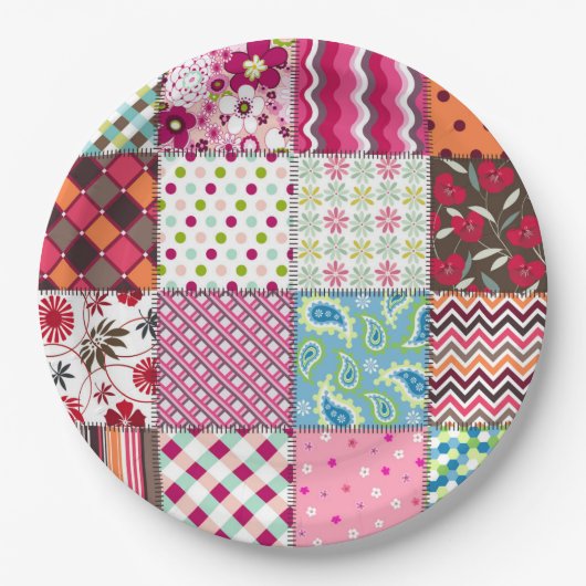 Patchwork Quilt Multicolored Gingham Papieren Bordje (Voorkant)