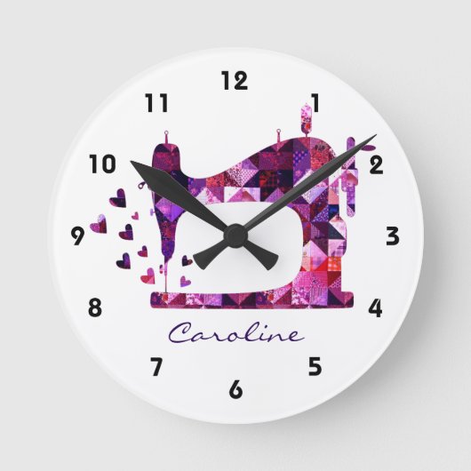 Patchwork Quilt Purple Sewing Machine Wall Clock Ronde Klok (Voorkant)