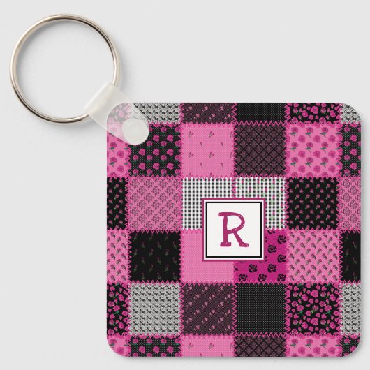 patchwork Quilt roze en zwarte Sleutelhanger (Voorkant)