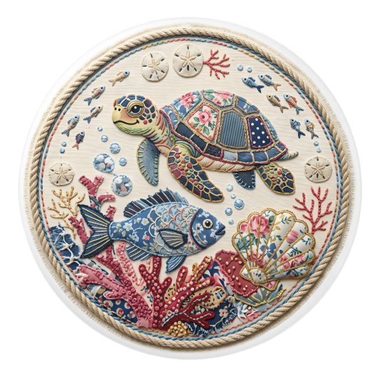 Patchwork quilt schildpad en vis keramische knop (Voorkant)