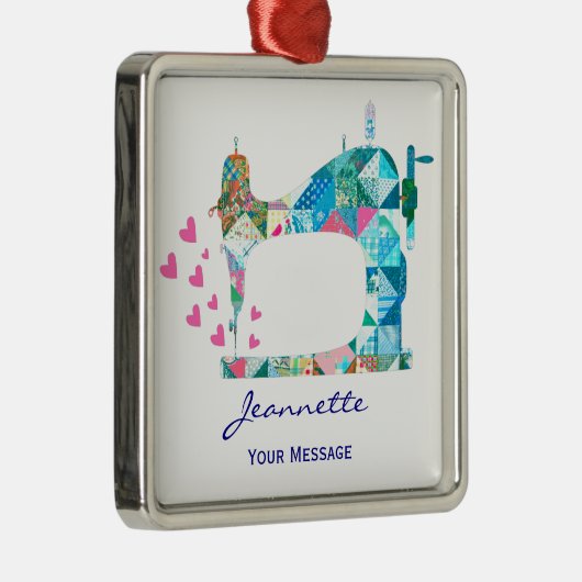 Patchwork Quilt Sewing Machine Metalen Ornament (Rechts)