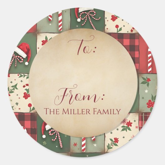  Patchwork Quilt van/naar Kerst Ronde Sticker (Voorkant)