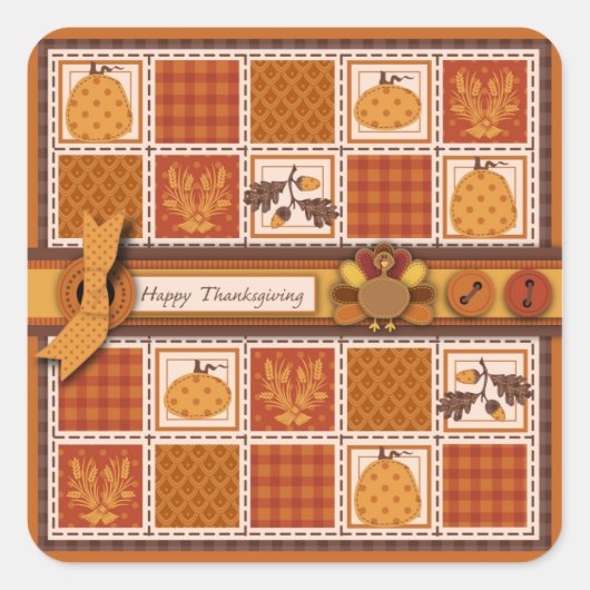 Patchwork Quilted-look Thanksgiving Vierkante Sticker (Voorkant)