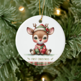 Patchwork Reindeer First Christmas Keepsake Photo Keramisch Ornament