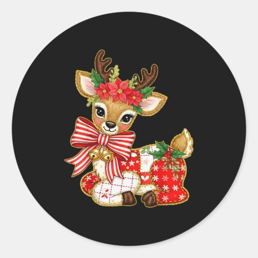 Patchwork Reindeer Preppy Girly Christmas Xmas Hol Ronde Sticker (Voorkant)
