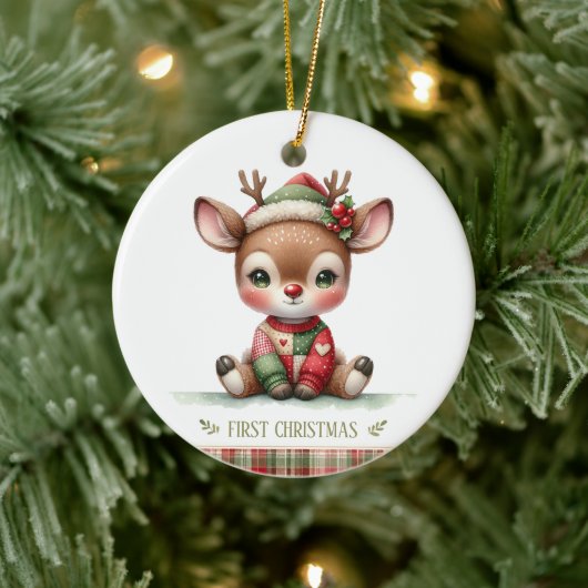Patchwork Rendier Eerste Kerstmis Aandenken Foto Keramisch Ornament (Boom)