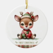 Patchwork Rendier Eerste Kerstmis Aandenken Foto Keramisch Ornament (Voorkant)