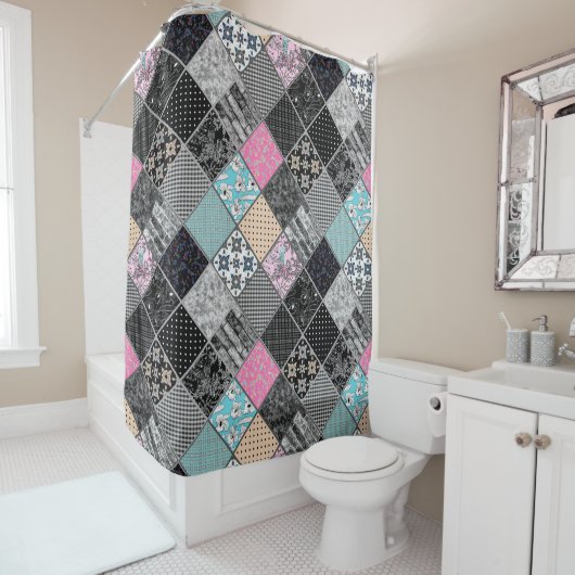Patchwork retro kleuren patchwork quilting douchegordijn (In situ)