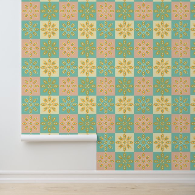 Patchwork Retro Mid Century Floral Behang (Applicatie)