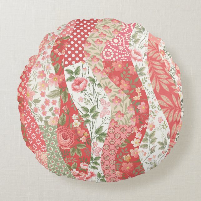 Patchwork rozen: naadloos patroonontwerp. rond kussen (Voorkant)