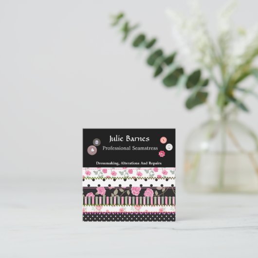 Patchwork Rozen Stripes Polka Dots Seamstress Squa Vierkante Visitekaartje (Staand voorkant)