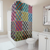 Patchwork ruw canvas vierkanten  douchegordijn (In situ)