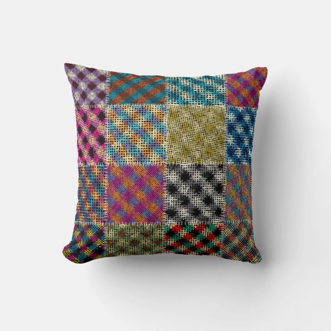Patchwork ruw canvas vierkanten  kussen (Voorkant)