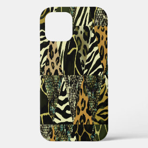 Patchwork Safari: Waterverf Dierenprint. iPhone 12 Hoesje