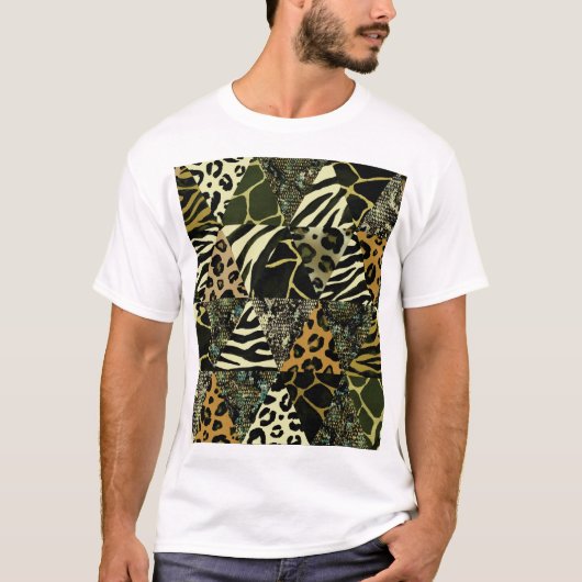 Patchwork Safari: Waterverf Dierenprint. T-shirt (Voorkant)