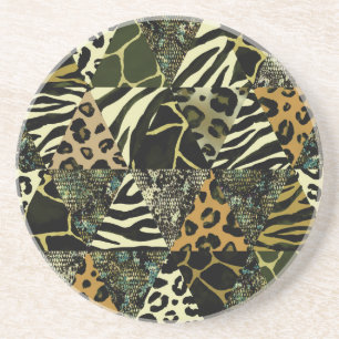 Patchwork Safari: Waterverf Dierenprint. Zandsteen Onderzetter