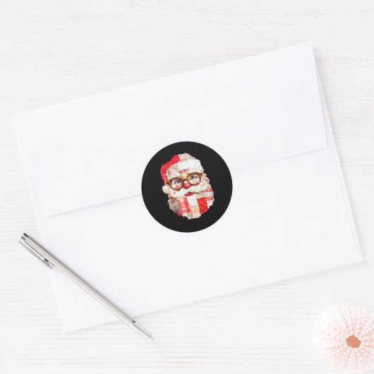 Patchwork Santa Claus Face Preppy Girly Christmas Ronde Sticker (Envelop)