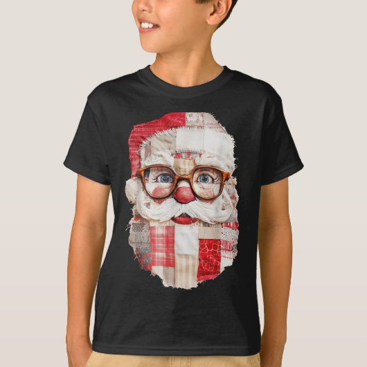 Patchwork Santa Claus Face Preppy Girly Christmas  T-shirt (Voorkant)
