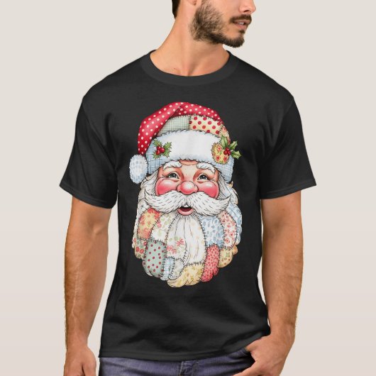 Patchwork Santa Claus Face Preppy Girly Christmas  T-shirt (Voorkant)