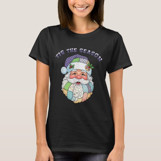 Patchwork Santa Claus Face Preppy Girly Christmas  T-shirt (Voorkant)