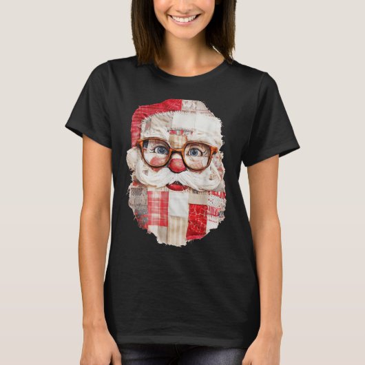 Patchwork Santa Claus Face Preppy Girly Christmas  T-shirt (Voorkant)