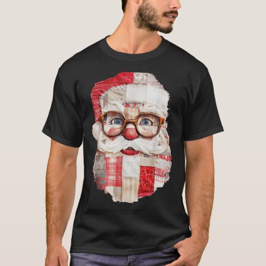 Patchwork Santa Claus Face Preppy Girly Christmas T-shirt (Voorkant)