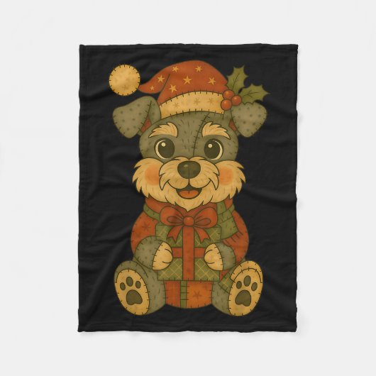 Patchwork Schnauzer Hond met Kerstmuts voor Kerstm Fleece Deken (Voorkant)