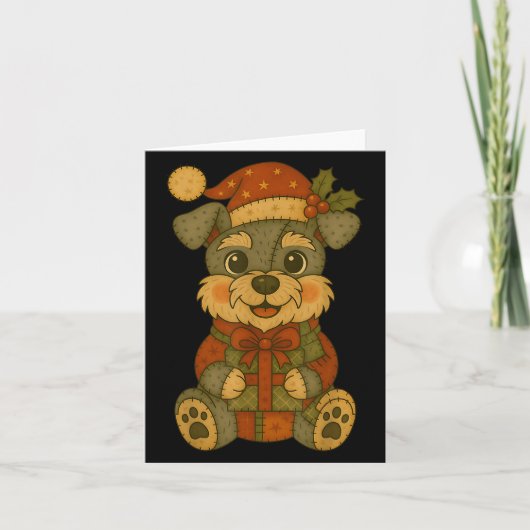 Patchwork Schnauzer Hond met Kerstmuts voor Kerstm Kaart (Voorkant)