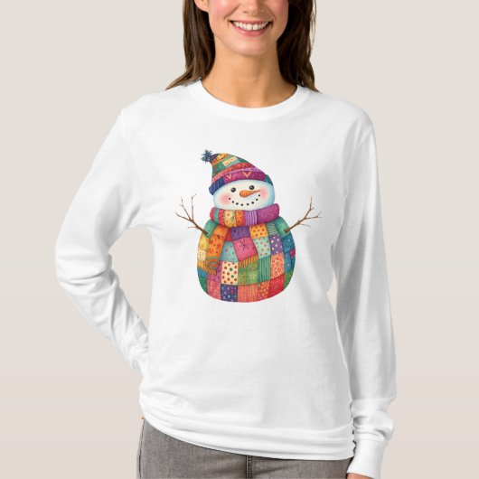 Patchwork Sneeuwman Kleurrijke Winter Kerstmis T-shirt (Voorkant)