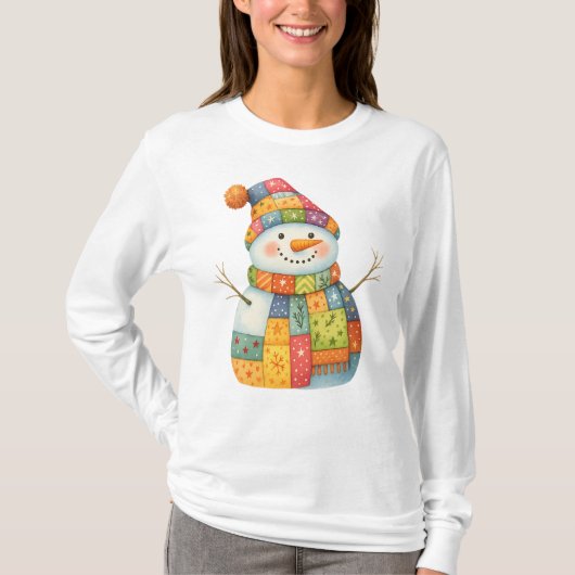 Patchwork Sneeuwman Kleurrijke Winter Kerstmis T-shirt (Voorkant)