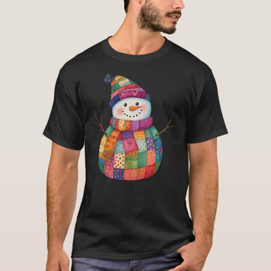 Patchwork Sneeuwman Kleurrijke Winter Kerstmis T-shirt (Voorkant)