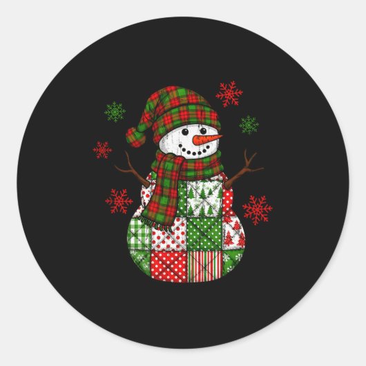 Patchwork Sneeuwman, Retro Grappig Kerstfeest Ronde Sticker (Voorkant)