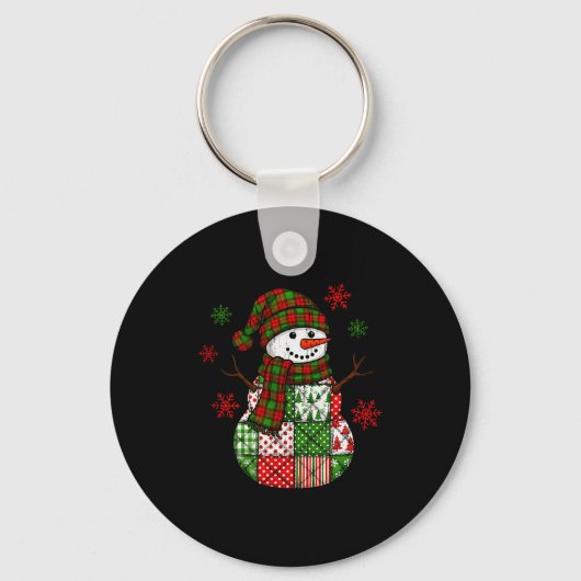 Patchwork Sneeuwman, Retro Grappig Kerstfeest Sleutelhanger (Voorkant)