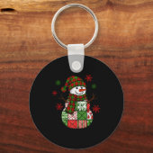 Patchwork Sneeuwman, Retro Grappig Kerstfeest Sleutelhanger (Voorkant)