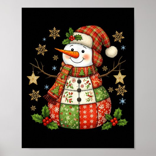 Patchwork Snowman Preppy Girly Christmas Xmas Holi Poster (Voorkant)