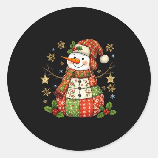 Patchwork Snowman Preppy Girly Christmas Xmas Holi Ronde Sticker (Voorkant)