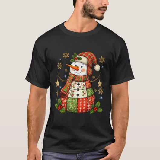 Patchwork Snowman Preppy Girly Christmas Xmas Holi T-shirt (Voorkant)