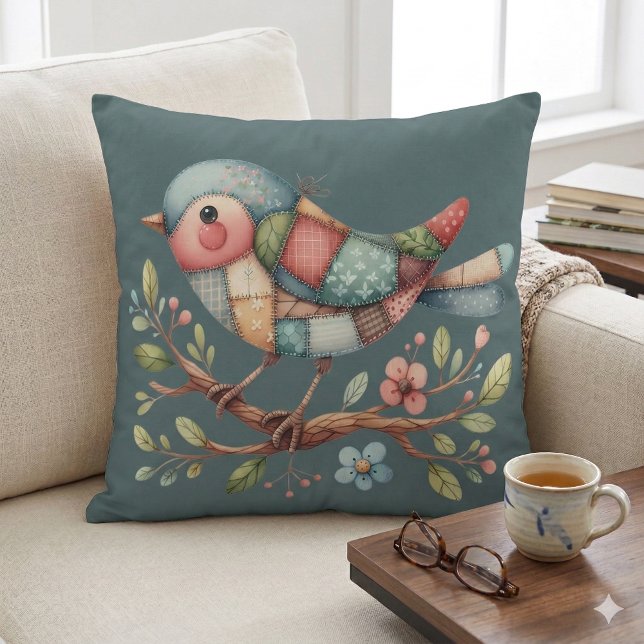 Patchwork Songbird op Blooming Branch Kussen (Patchwork Songbird on Blooming Branch Throw PilloW Mockup A)