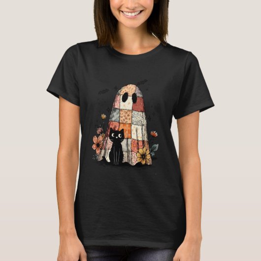 Patchwork spook met zwarte kat grappige Halloween T-shirt (Voorkant)