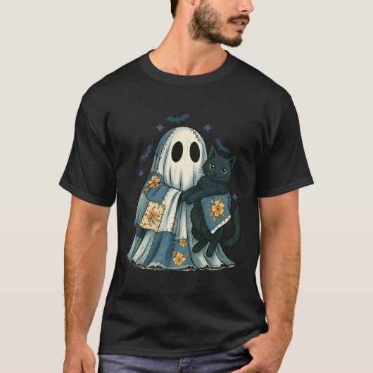 Patchwork Spook Quilten Halloween Zwarte Kat T-shirt (Voorkant)
