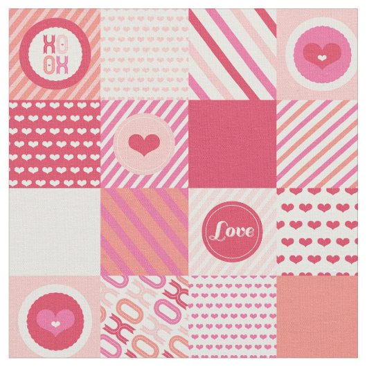 Patchwork Square Love XOXO Pink Hearts Valentijn Stof (Close Up)