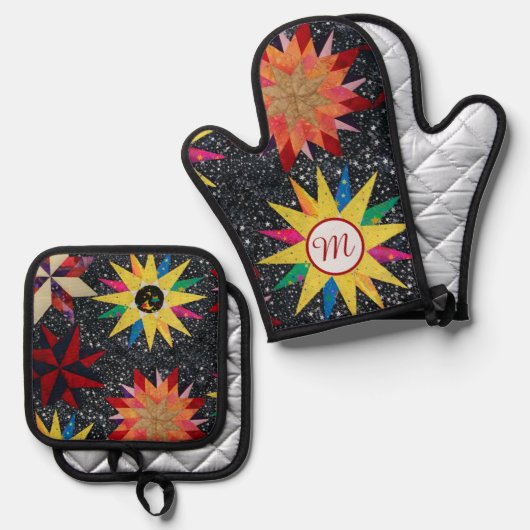 Patchwork Star Quilt Patroon Ovenwant & Pannenlap Set (Voorkant / Achterkant)