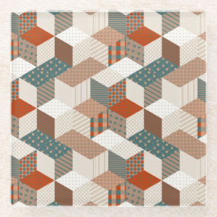 Patchwork Sterren  Bruin Groen Glazen Onderzetter