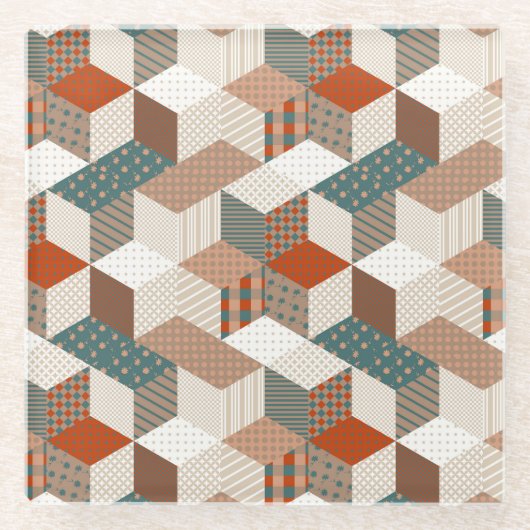 Patchwork Sterren Bruin Groen Glazen Onderzetter (Voorkant)