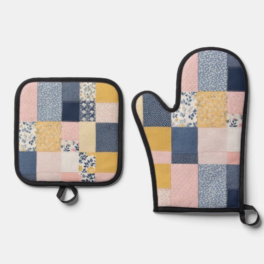  Patchwork Stijl Roze Blauw Rustiek Patterned Ovenwant & Pannenlap Set (Voorkant)