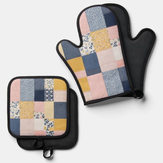 Patchwork Stijl Roze Blauw Rustiek Patterned Ovenwant & Pannenlap Set (Voorkant / Achterkant)